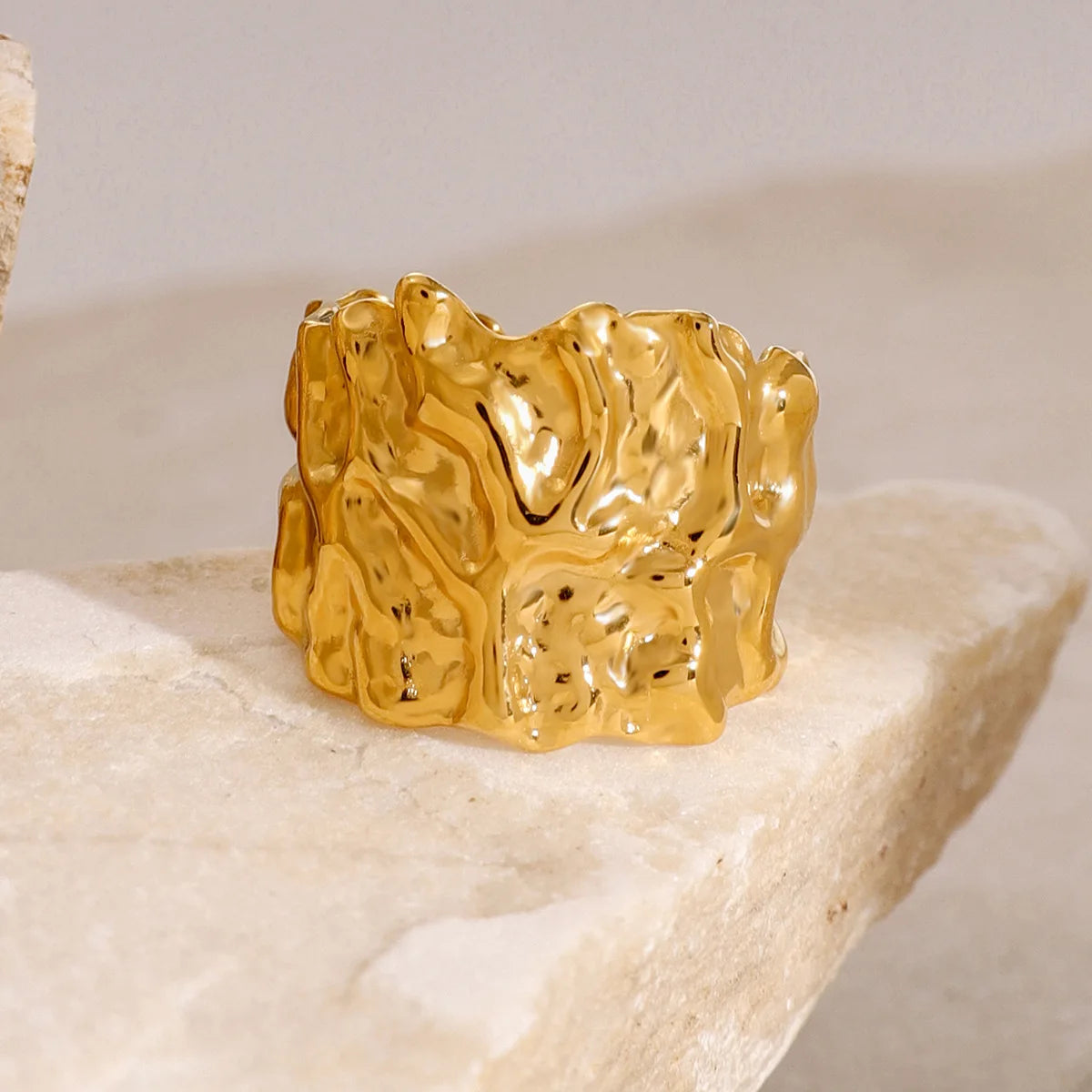 New Design Ring 18K PVD Gold Plated Stainless Steel Hammered Wide Open Rings for Women