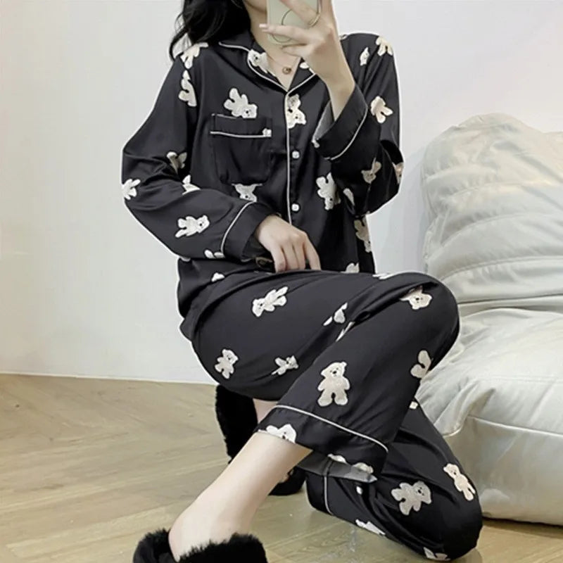 Best Selling Design Women's Silk Pajamas Long Sleeve Two-piece Set Cartoon Print Sleepwear Girls Cheap Nightwear Wholesale