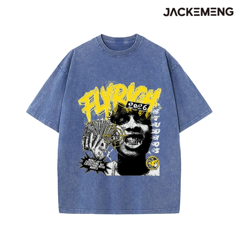 Oversized Washed Retro Money Streetwear Print Tshirt USA Stock Wholesale Y2K Casual Tee