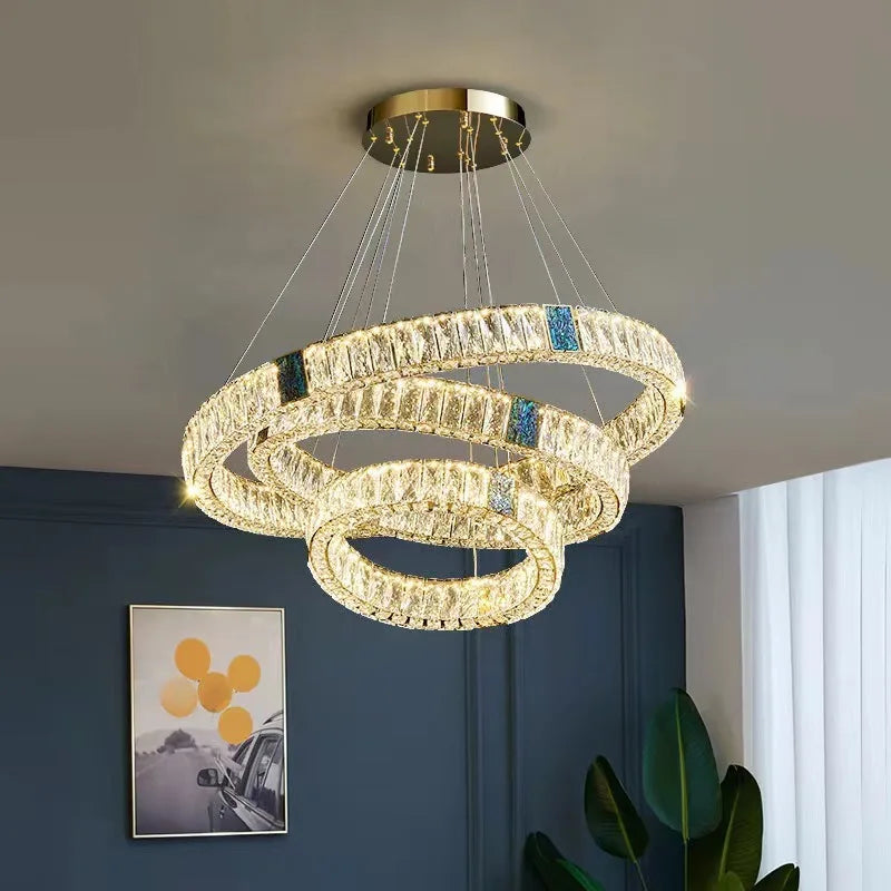 Contemporary Fashion Creative Ring Pendant Light Luxury Long/Middle Crystal Chandelier Adjustable Height for Restaurant Living