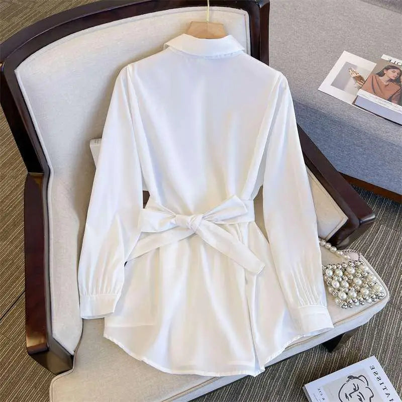 S-2XL  Spring and Autumn Design Feeling Shirt Small Group Outfits With Mid Length Tops Waist Strap Long Sleeved Top
