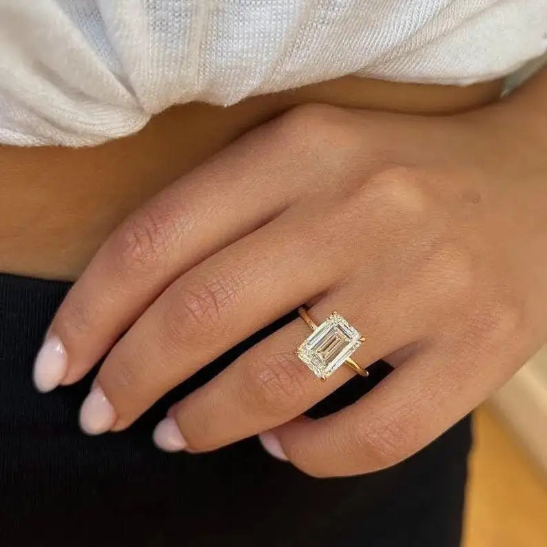 Designer 14K Gold 3 Carat Emerald Cut Lab Diamond IGI Certified F Color VS2 3GM Elegant Solitaire Engagement Wedding Ring