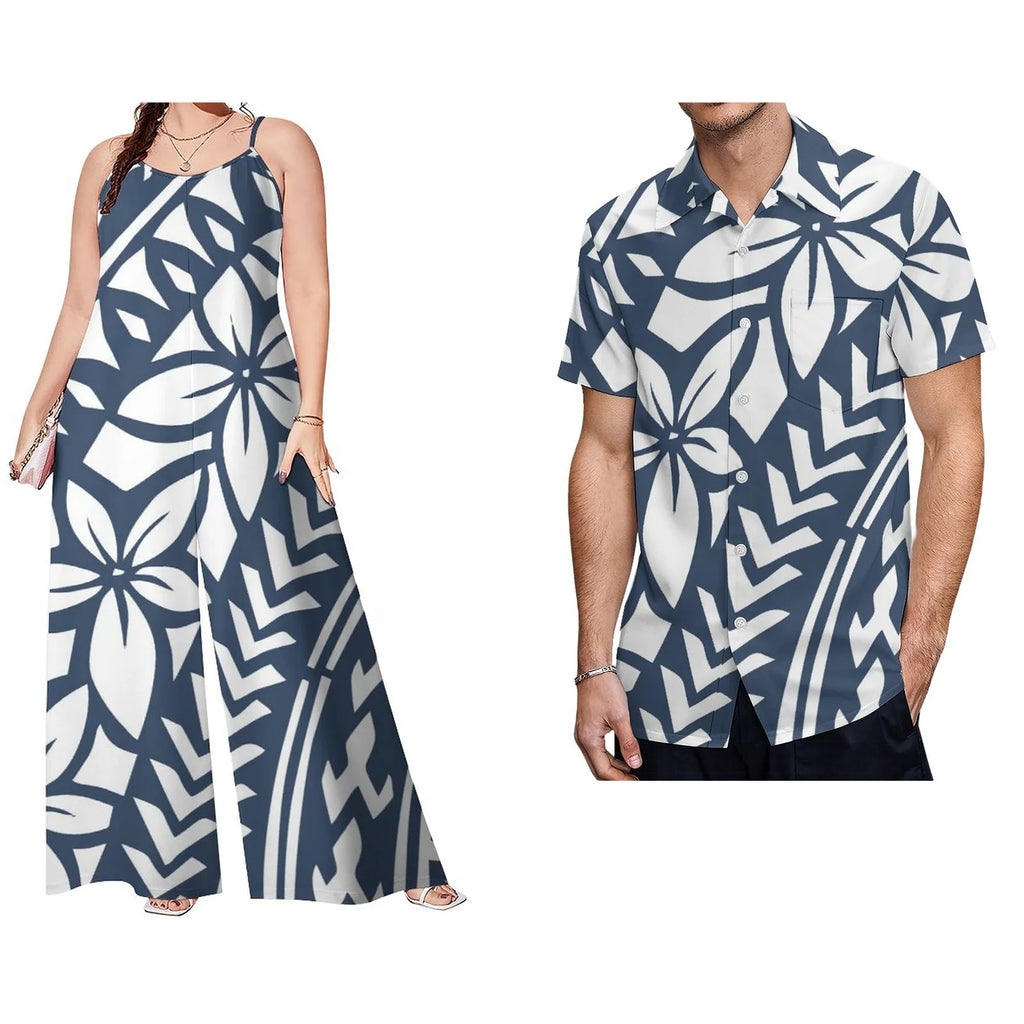 Low Price Custom Plus Size Polynesian Clothing Casual Sets of Couples Samoan Tribal Print Men Shirt Women Loose Rompers 2pc Sets