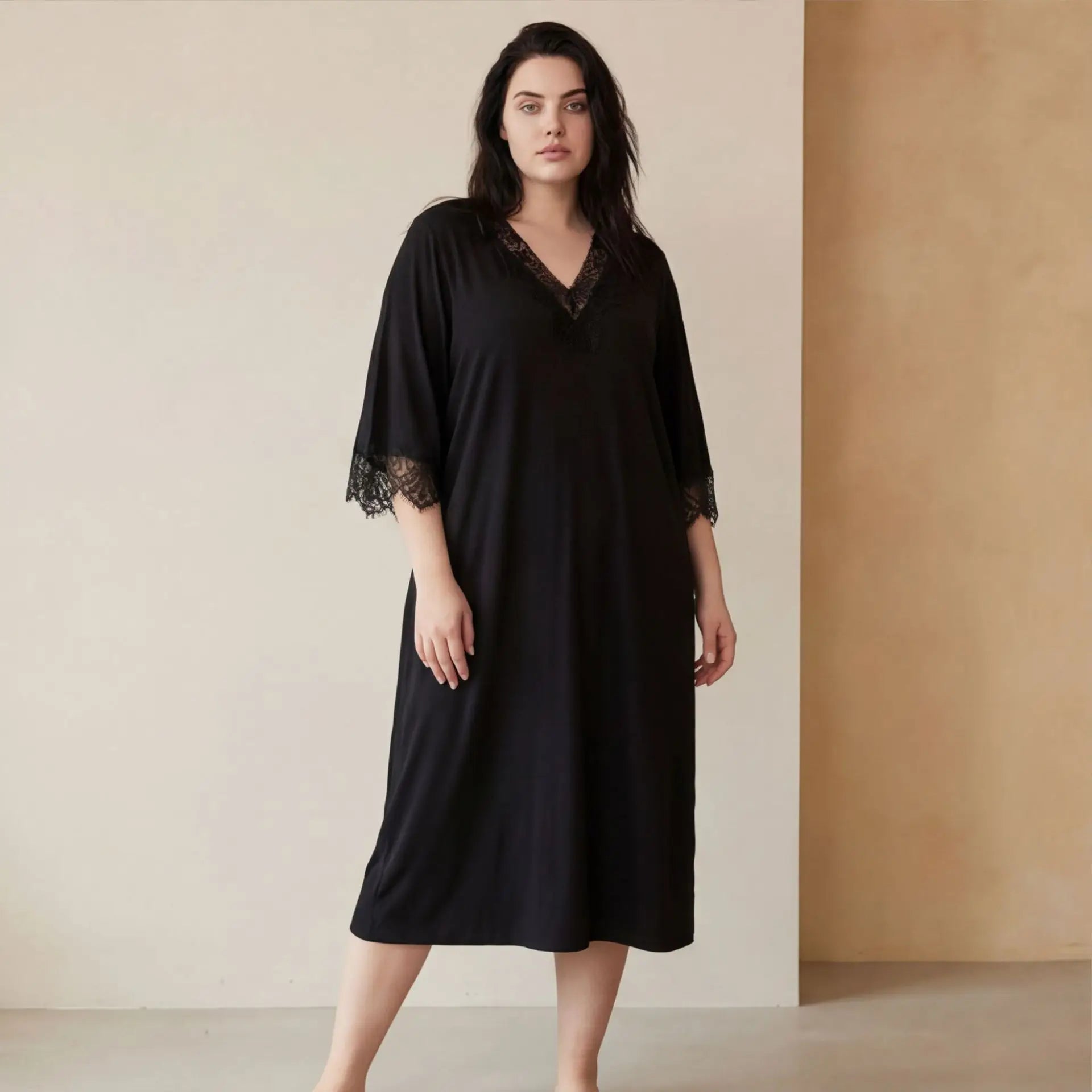 Cross-border European and American plus-size solid color lace mid-sleeve nightgown, loose-fitting home long dress, sexy and simp