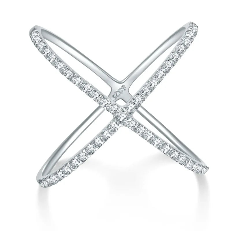Ruizuan Rhodium Plated Silver Eternity Band Rings Moissanite Trendy Bezel Setting Cross Design Girls Bulk Certified Rings for