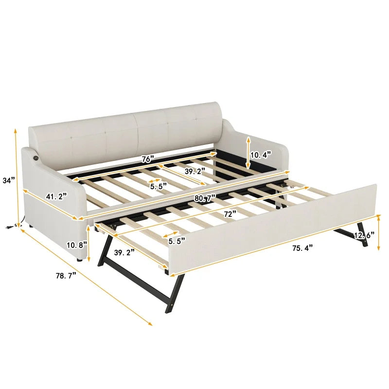 Modern Single Daybed Sofa Bed Twin Size Upholstery Daybed With USB Charging Design
