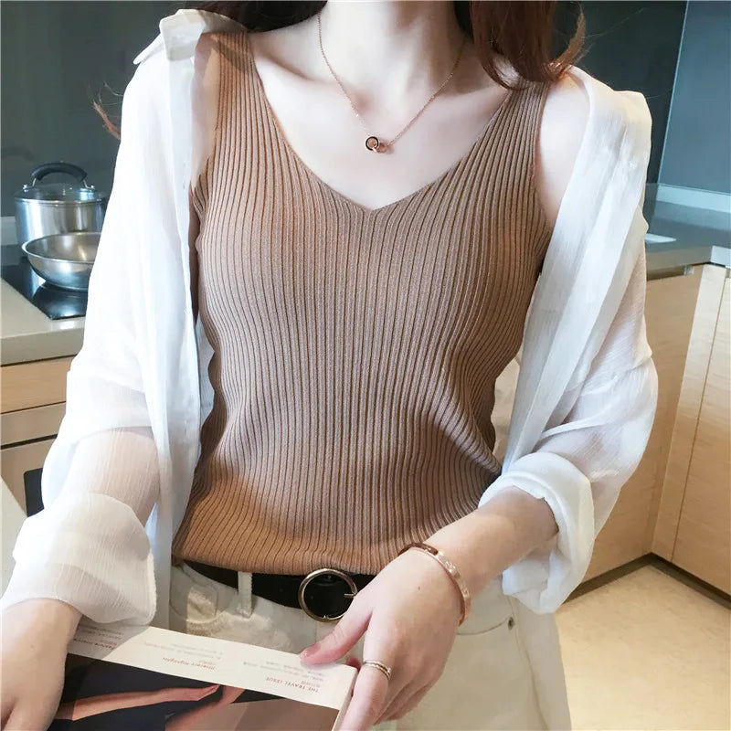 New Women Summer Knit Vest Sexy Girl Solid Color Tank Knitted Tops Casual Straps Knitwear T-shirt Simple Base Casual Vest