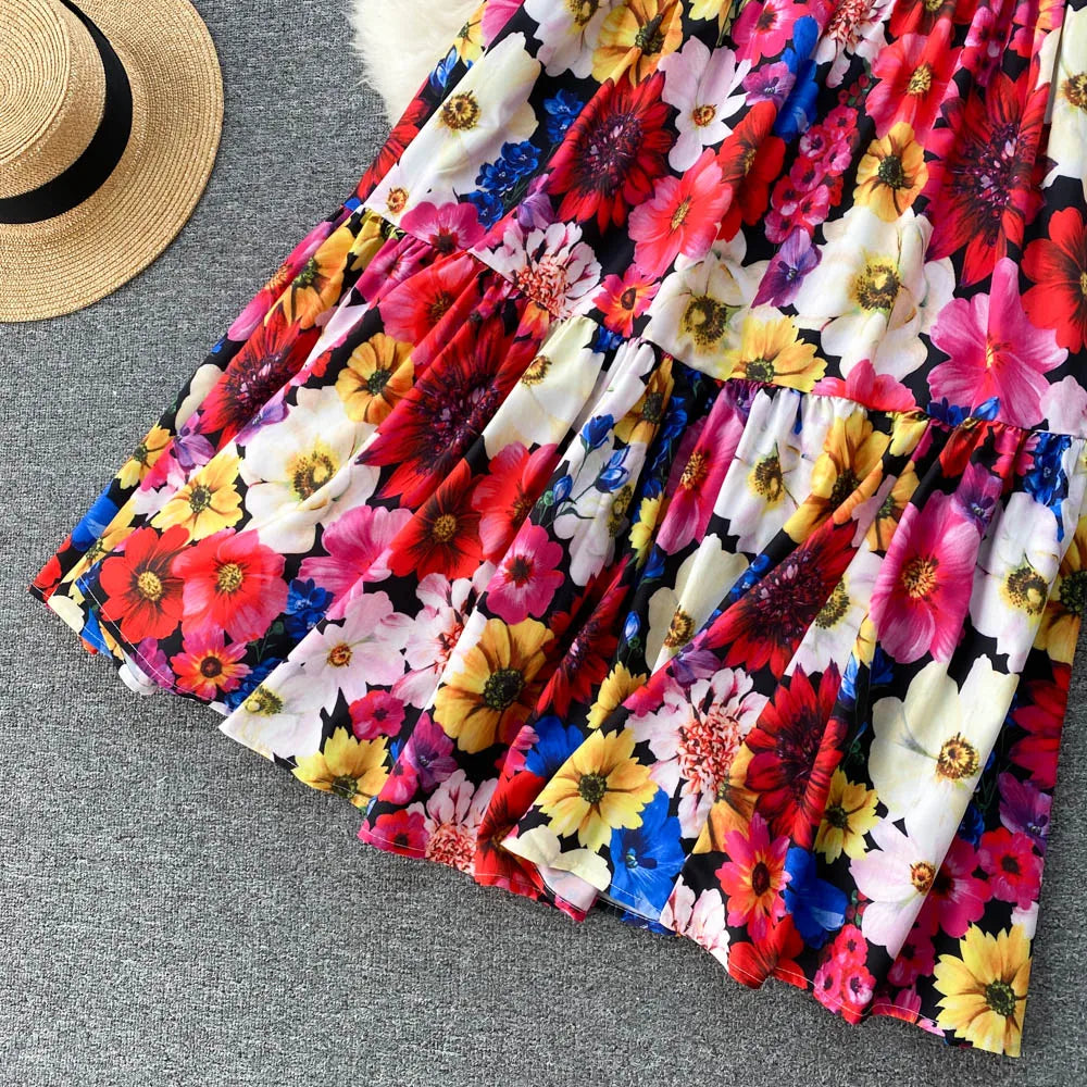 ANSZKTN and the United States Vacation Style ANSZKTN Print Suit Female Short Sling Top Pleated Skirt Set