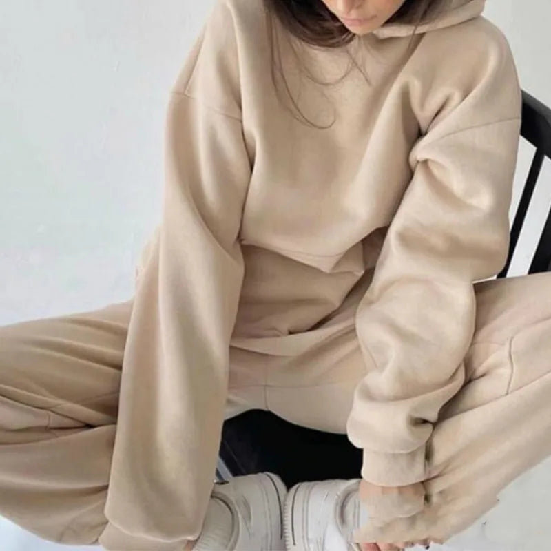 Women's Tracksuit Suit Winter Fashion Warm Hoodie Sweatshirts Two Pieces Oversized Solid Casual Hoody Pullovers Long Pant Sets