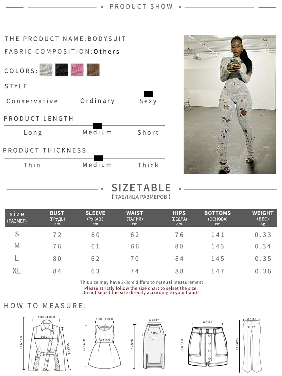 Oem Autumn Solid Long Sleeve O-neck Casual Knit Holes Long Sleeve Jumpsuit Streetwear Casual Women's Ripped Jumpsuit