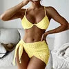 Bandage Halter Bikini Micro Ribbed Bikini 3 Pieces Set 2023 High Waist Swimsuit With Beach 3 Pieces Mesh Skirt