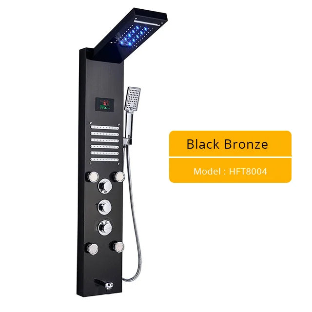 LED Light Shower Panel Faucet Waterfall Rain Shower Head SPA Massage Jets Shower Column Tower Digital Water Temperature Display
