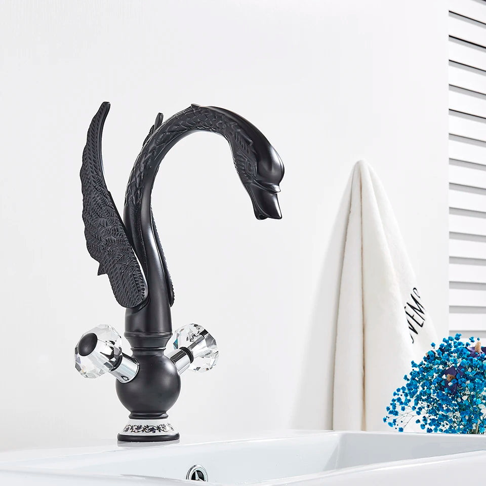 Luxury Gold Swan Basin Faucet Deck Mounted Bathroom Faucet Hot and Cold Water Mixer Tap Bath Water Faucet Basin Sink Taps