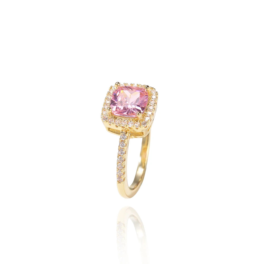 Pink Baguette CZ Rings Iced Out Finger Ring Women Man Fashion Jewelry