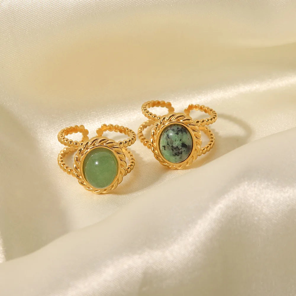 Fashion 18K Gold Plated Adjustable Open Ring Natural Stone Stainless Steel Turquoise Minimalist Rings Jewelry for Women Gift