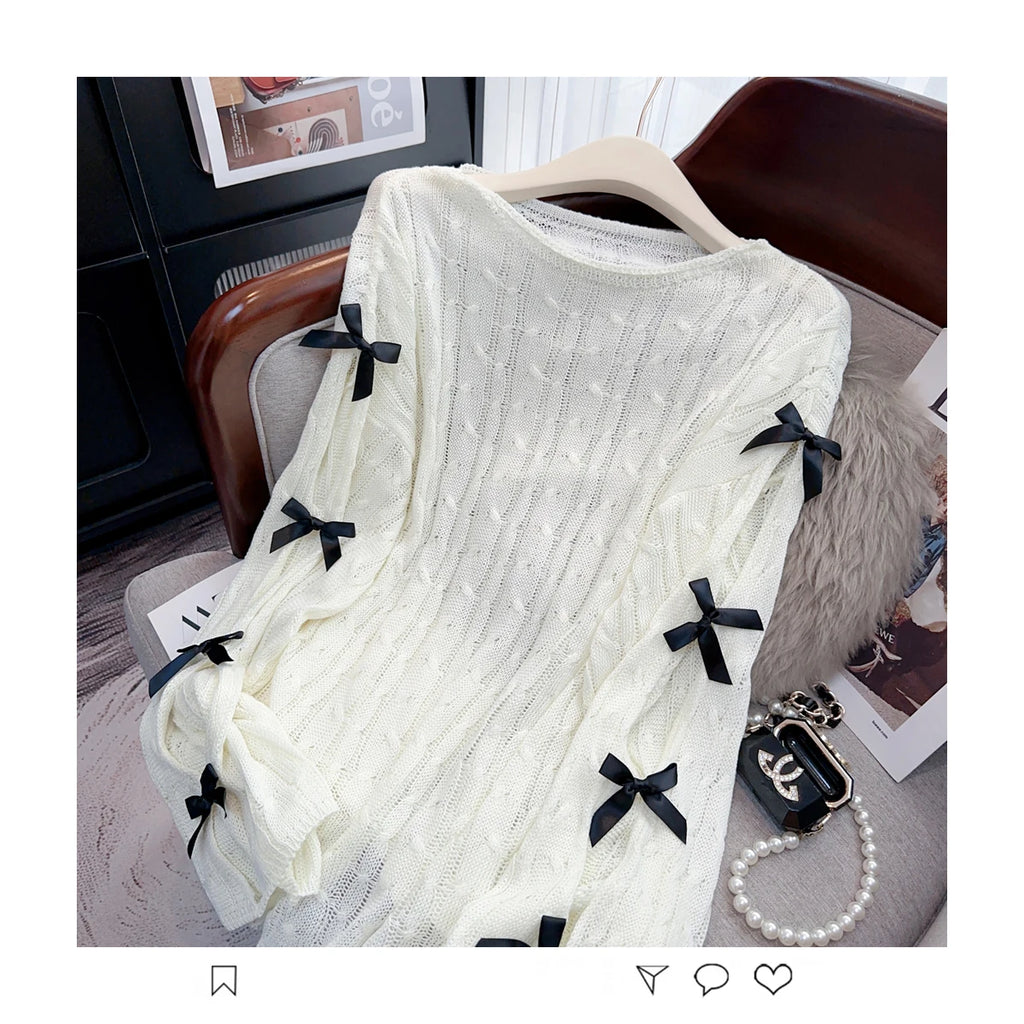 Boutique Wholesale 2025 Spring New Fashionable Hollow Horn Sleeve Bow Loose Women's Sweater