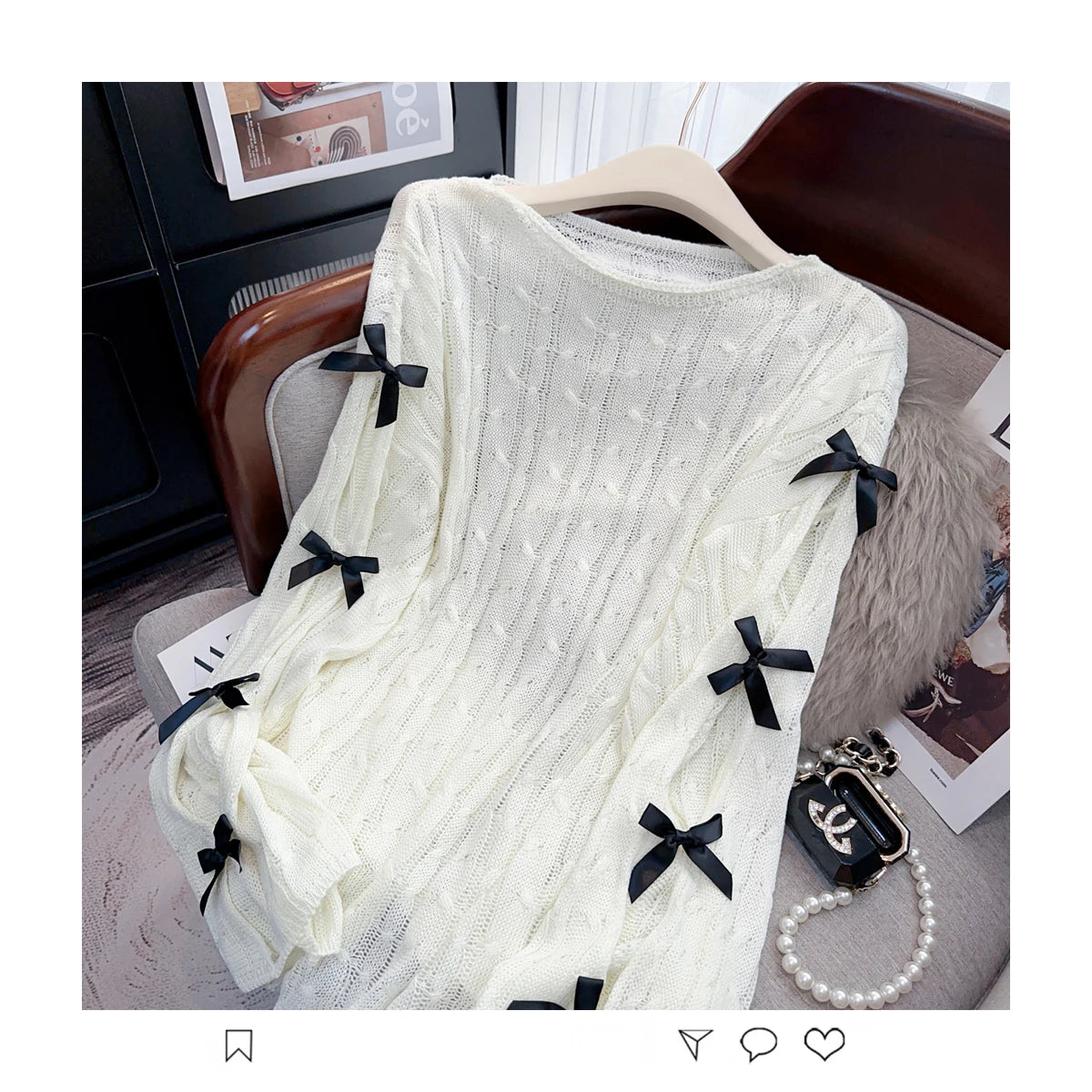 Boutique Wholesale 2025 Spring New Fashionable Hollow Horn Sleeve Bow Loose Women's Sweater