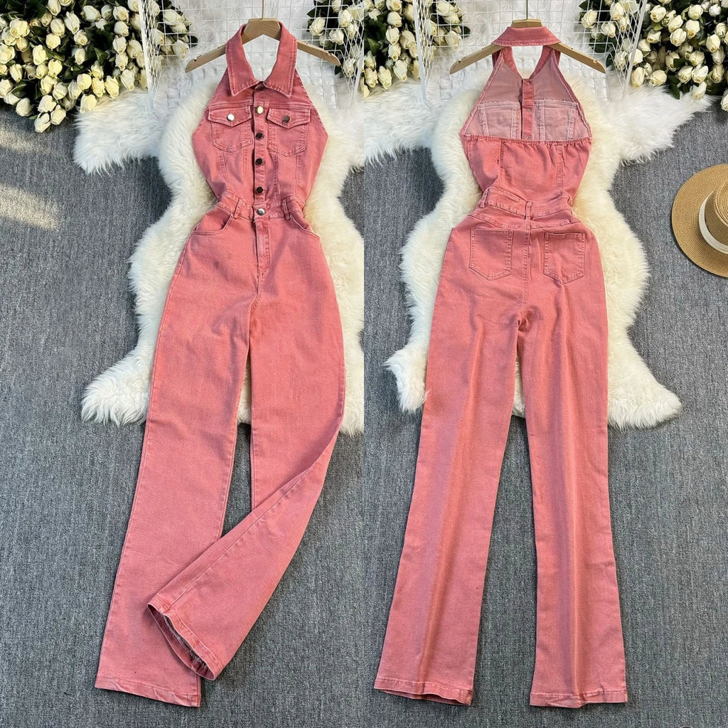 25 Trendy Vintage Turn-down Collar Tunic Slim Jumpsuit for Women High Waist Denim Long Jumpsuit Ladies Retro Overalls Wholesale