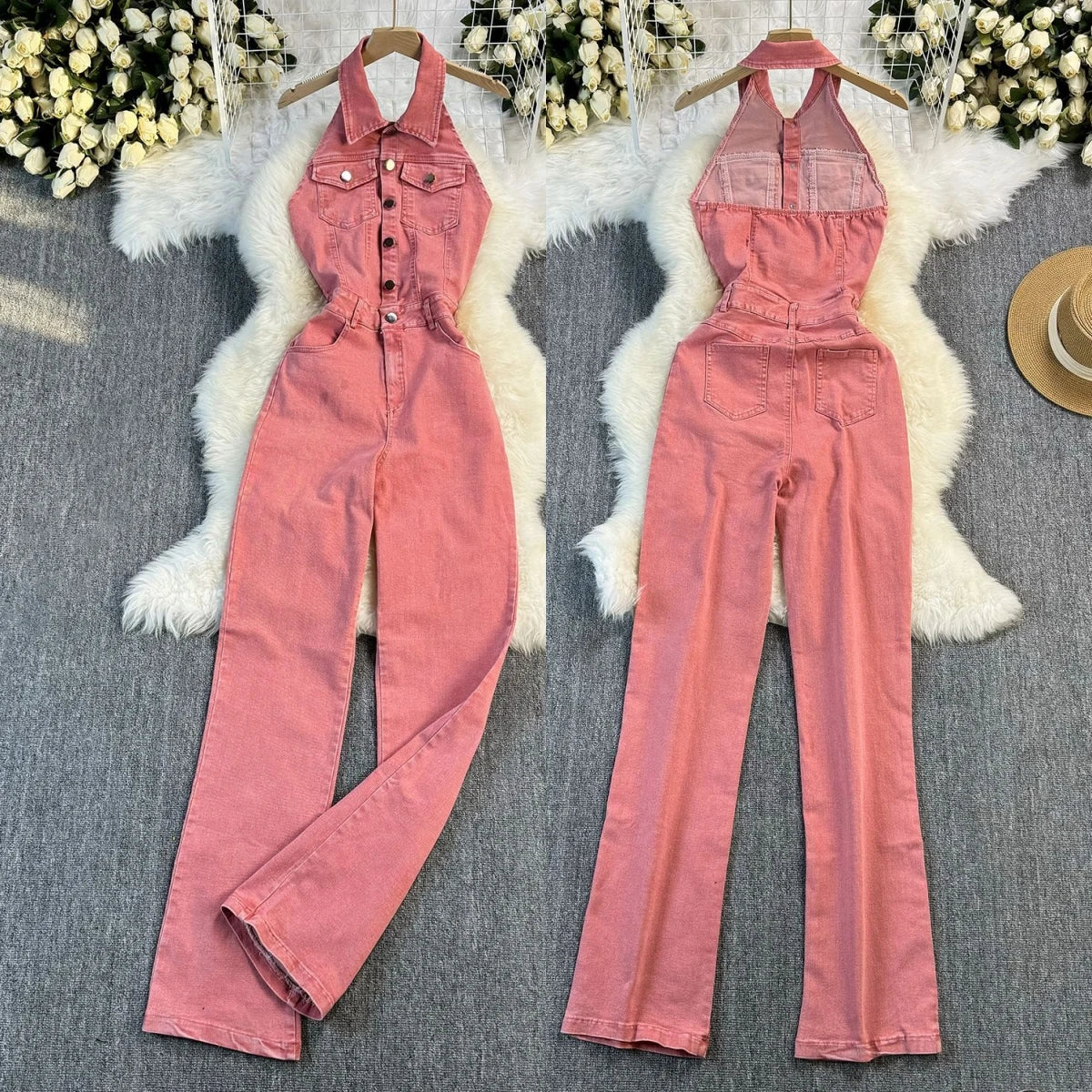 25 Trendy Vintage Turn-down Collar Tunic Slim Jumpsuit for Women High Waist Denim Long Jumpsuit Ladies Retro Overalls Wholesale