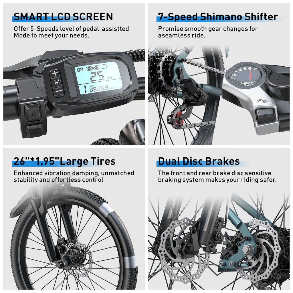 10Ah Lithium Battery Electric Bicycle, Road and City E-Bike, 250W, 25km/h, Unisex Electric Mountain Bike