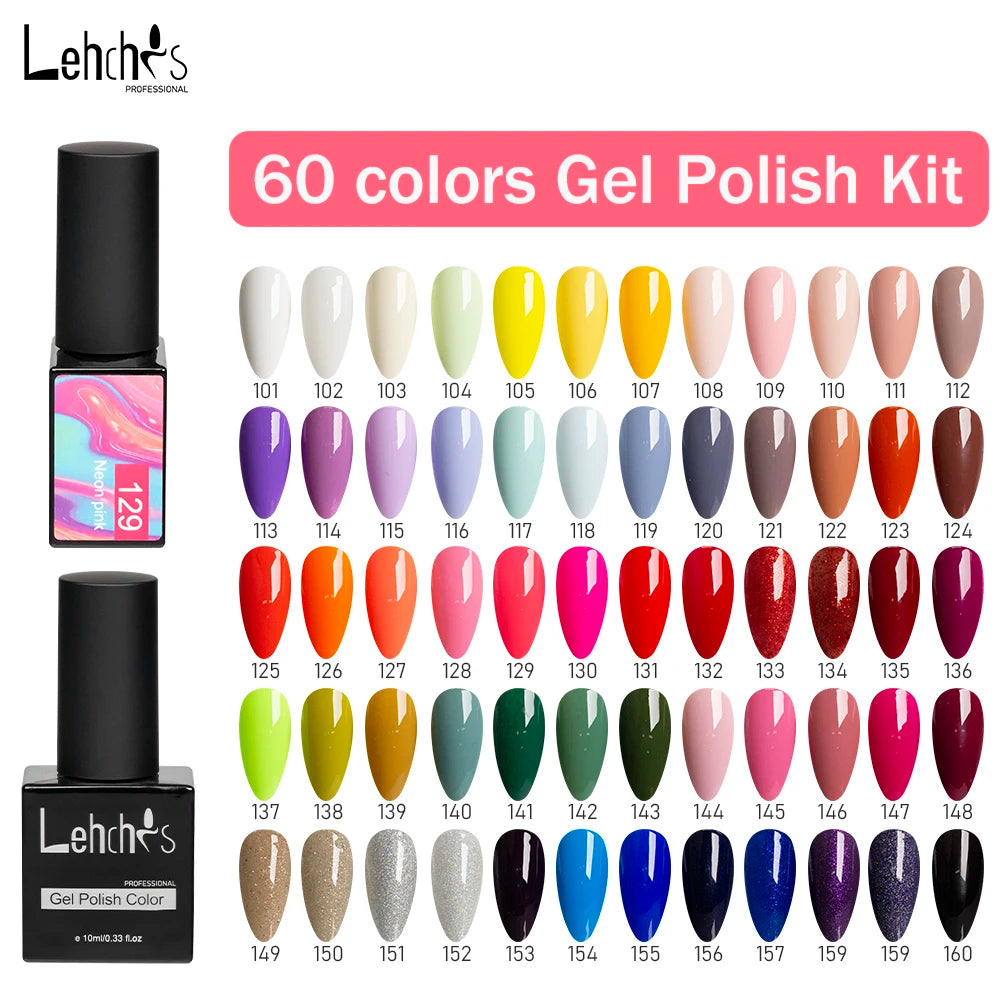 Lehchis 60-Colour Professional 15ml Soak off UV Gel Nail Polish Kit Long Lasting Liquid Nail Supplies for DIY Salon Designers