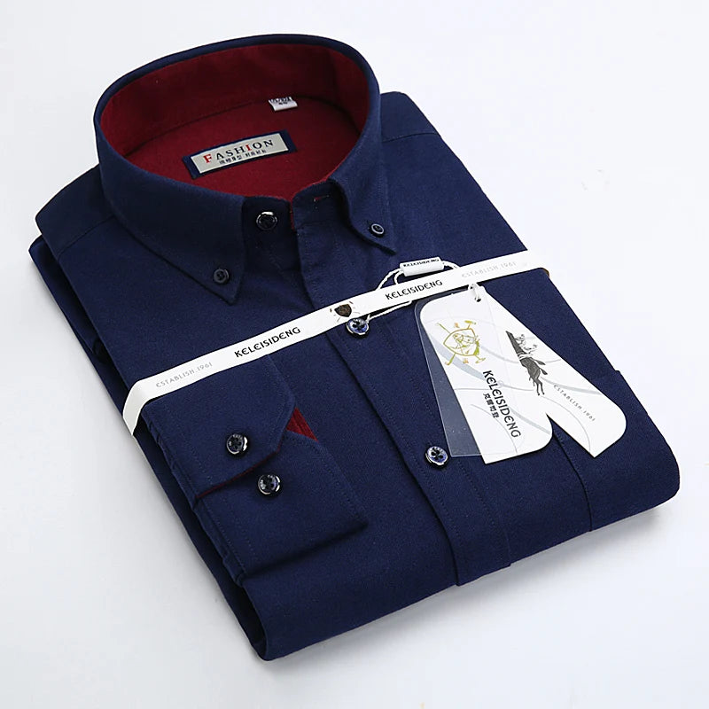 Men's Long Sleeve Thick Cotton Oxford Shirts with Front Pocket High Quality Smart Casual Stripe Plaid Button Down Dress Shirt