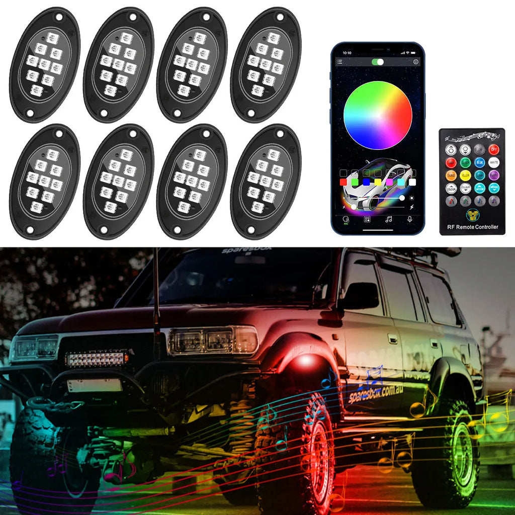 12V Mini Rock Light Colorful LED Ambient Music Lamp for Car UTV Wireless App Remote Control New Underglow Light for Car Chassis