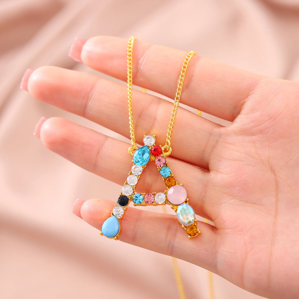 Hainon Fashion Initial 26 Letter Necklace Colored Zircon Necklace Electroplated Gold Sweater Chain