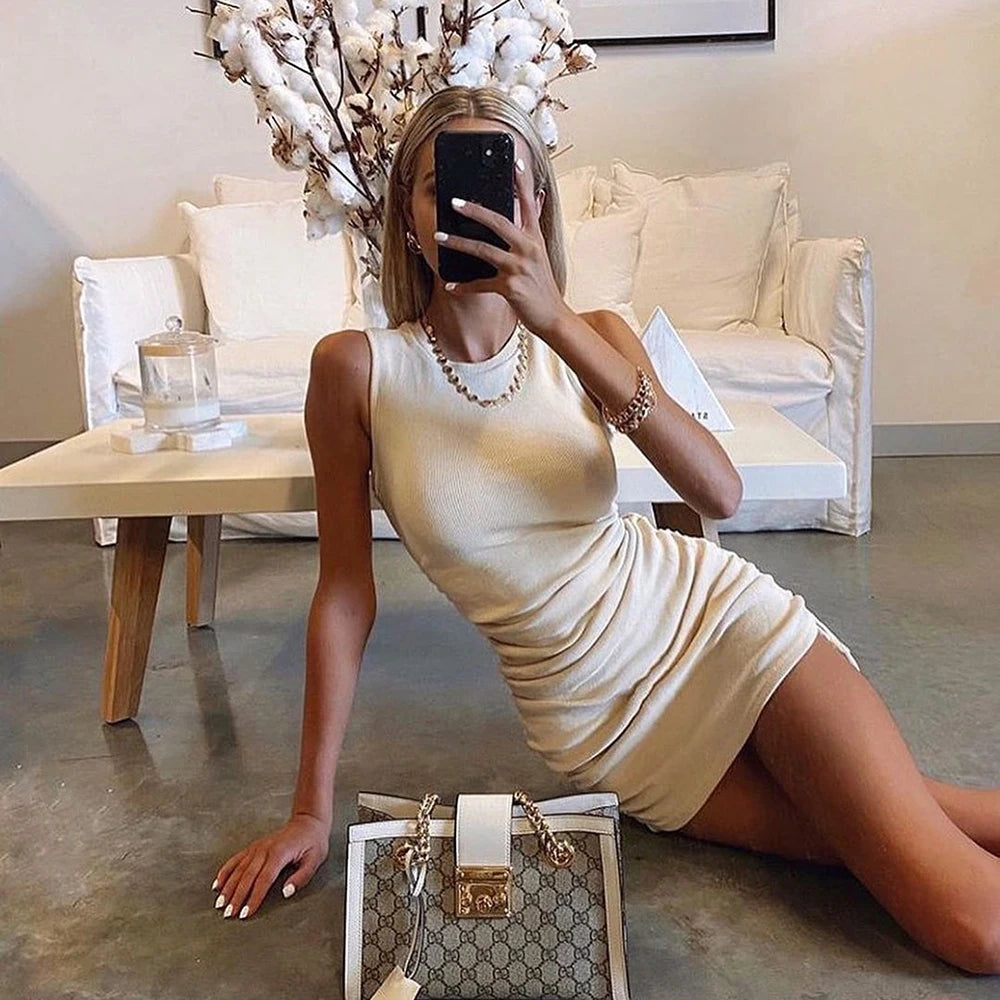 Women Ribbed Elastic Mini Dress Ruched Drawstring Adjustable Length Vestidos Sexy Party O-Neck Summer Bodycon Club Wear