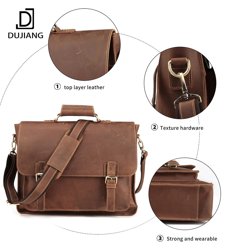 Men's Retro Crazy Horse Genuine Leather Briefcase Business Handbag and Computer Bag with Multifunctional Style