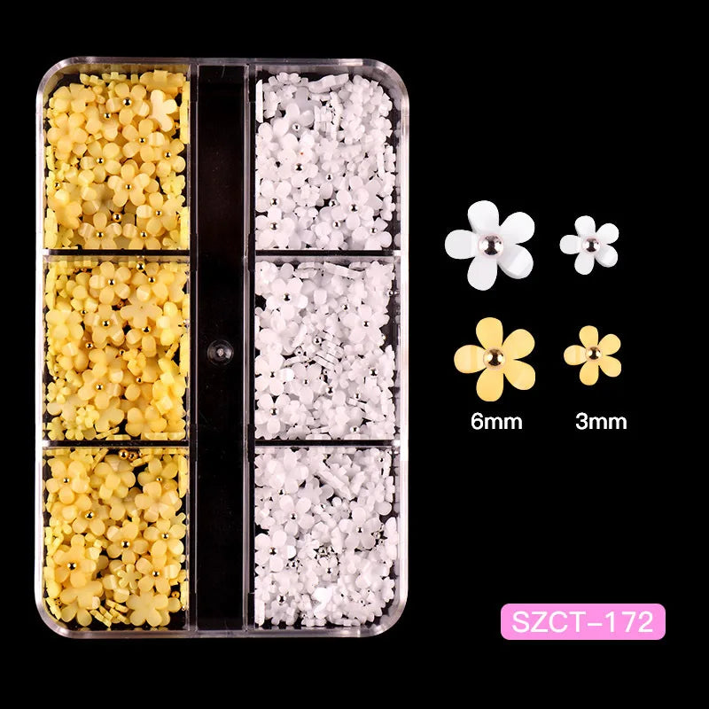 Nail Jewelry Wholesale Cute Three-dimensional Small Flowers 6-grid Plastic Box Mixed Resin Five-petal Flower Nail Accessories