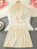 Button Lapel Slim Fit Knitted Short Sleeve Collar Wholesale Sweater Rib Slim Ruffles Polo Casual Elegant Long Dress Women