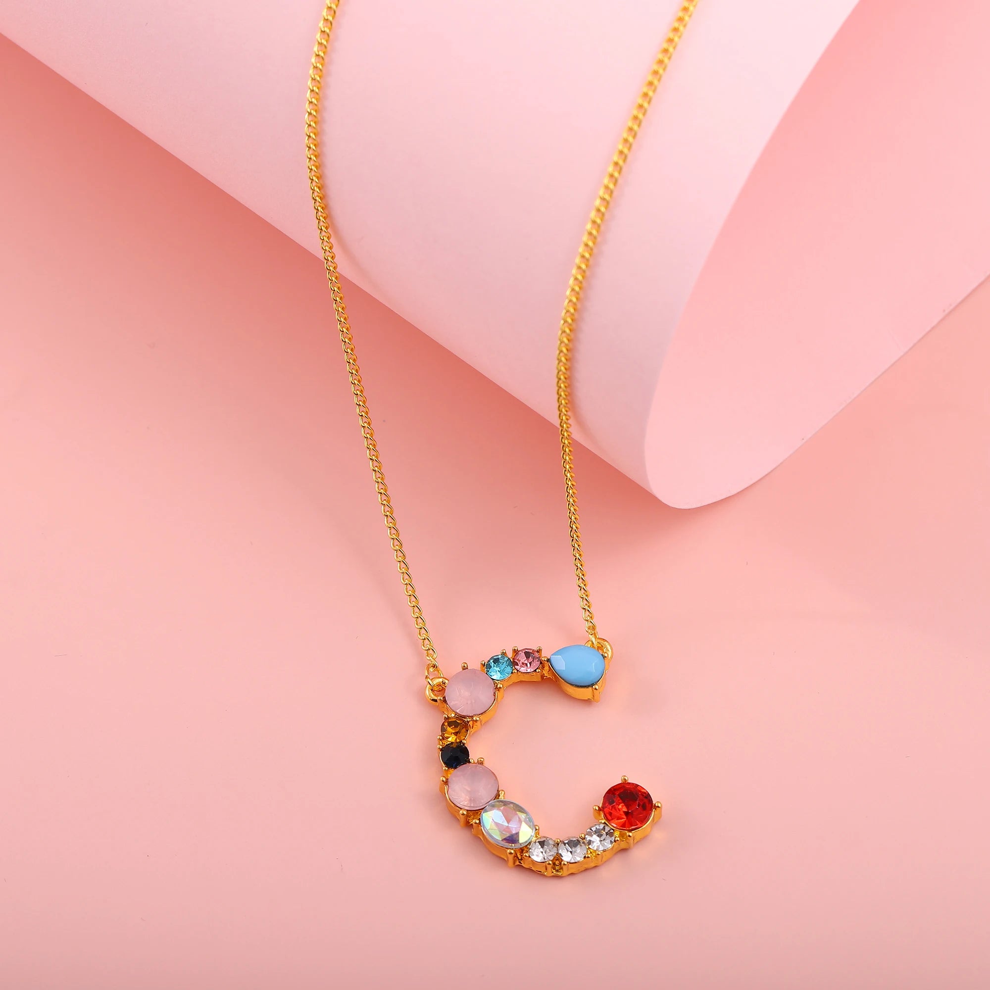 Hainon Fashion Initial 26 Letter Necklace Colored Zircon Necklace Electroplated Gold Sweater Chain