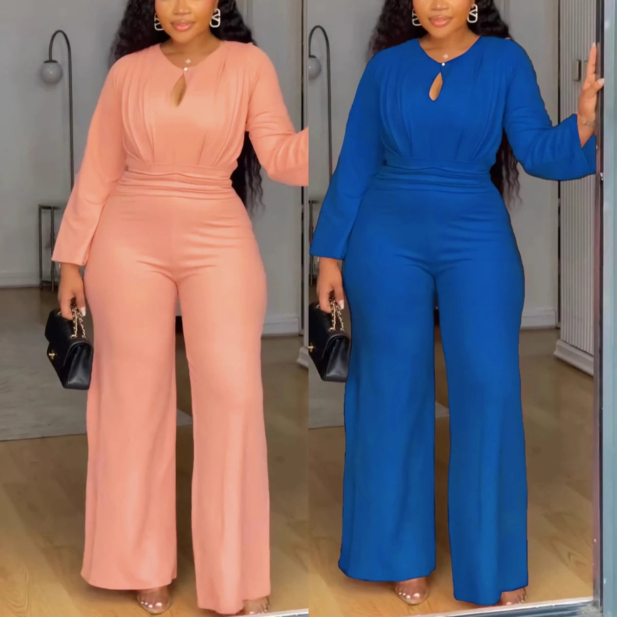 Latest Design Casual Jumpsuit Women Elegant Elastic Slim Fit Hollow Out Long Sleeve Ladies Wide Leg Jumpsuit for Women