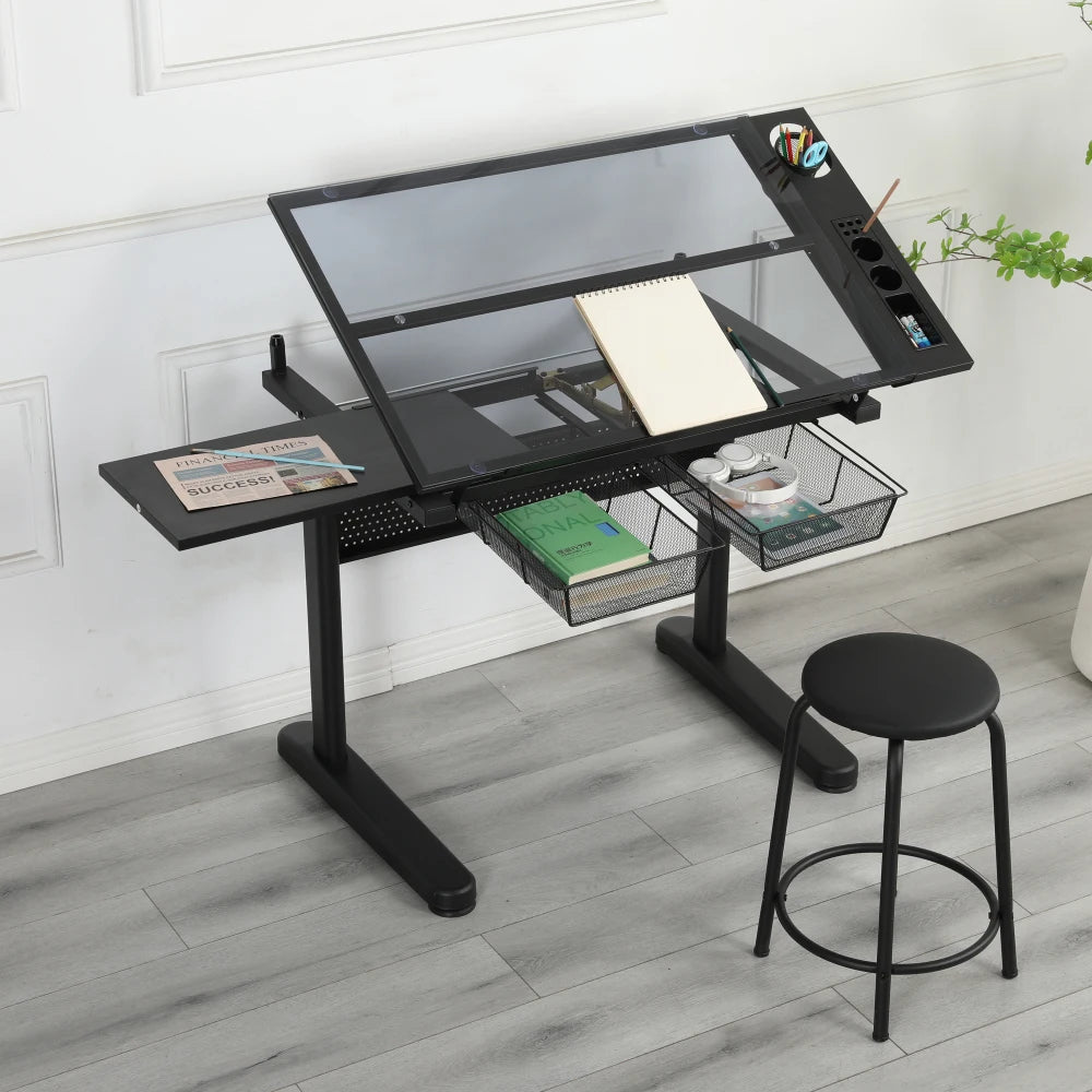 Hand Crank Adjustable Drafting Table Drawing Desk with 2 Metal Drawers (BLACK)WITH STOOL
