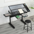Hand Crank Adjustable Drafting Table Drawing Desk with 2 Metal Drawers (BLACK)WITH STOOL