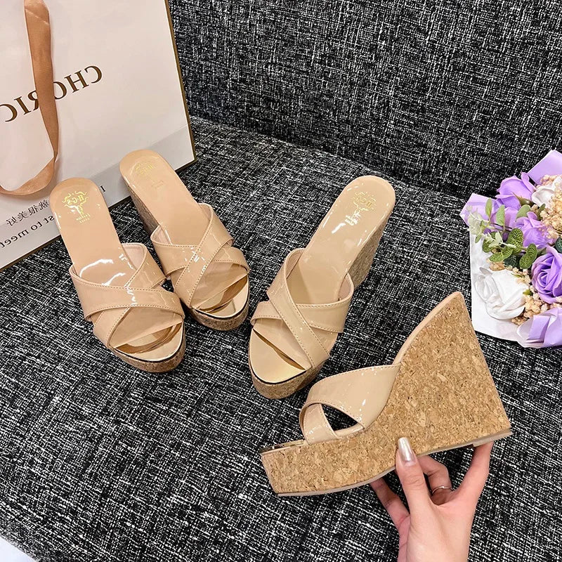 Popular Summer New Style Small Chili Cross Iron Head Fish Mouth Slope Heel High Heel Slippers 9cm 11cm 13cm