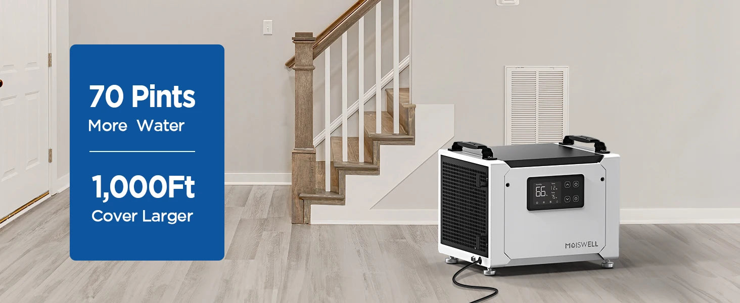 Moiswell 70 Pints Commercial Dehumidifier with Drain Hose | Compact Crawl Space Dehumidifier for Basement Home Auto Defrost