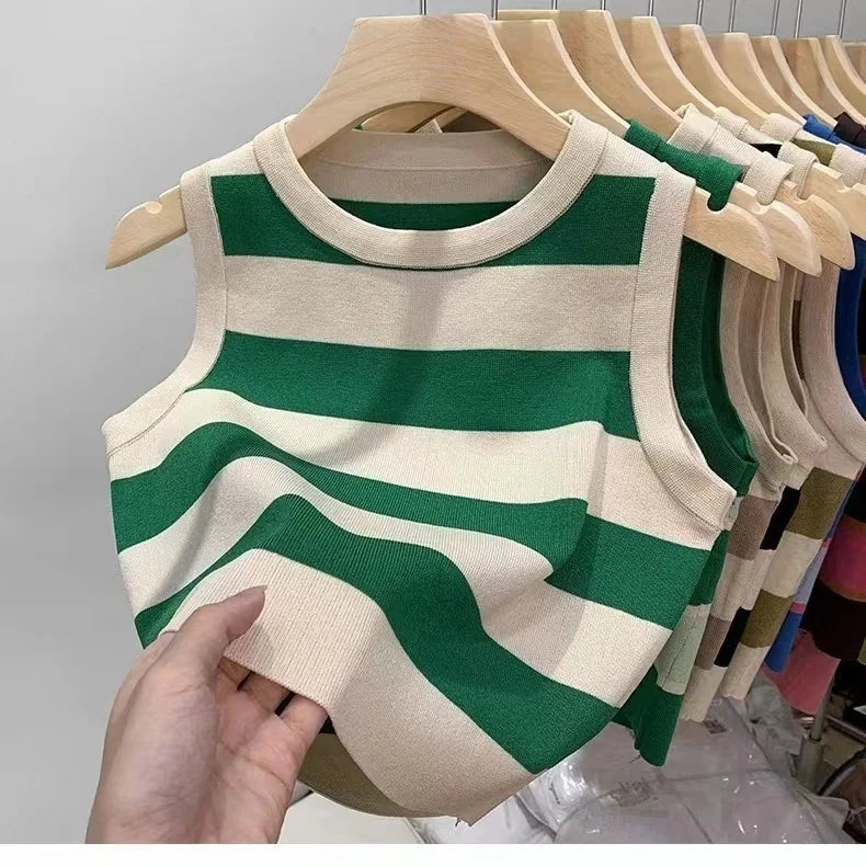 2024 Summer Women's Short Knitted Striped Ribbed Tank Top Breathable and Sustainable