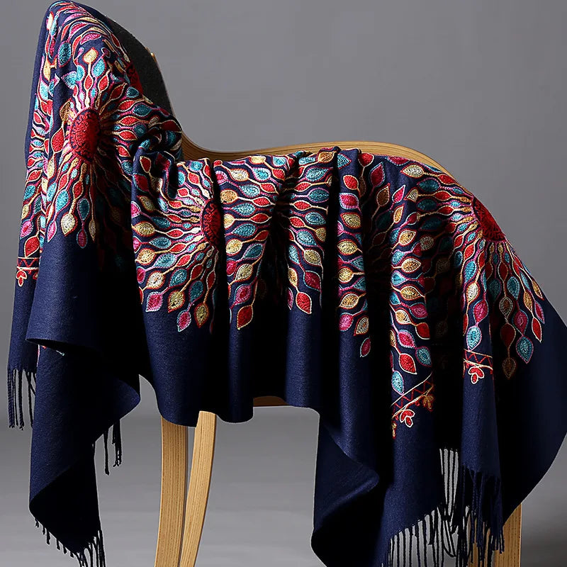 Wholesale JiYun 2025 Ladies Winter Scarf Shawl Floral Tassel Embroidery Soft Heavy Cashmere Feel-Hot Sale Winter Accessory