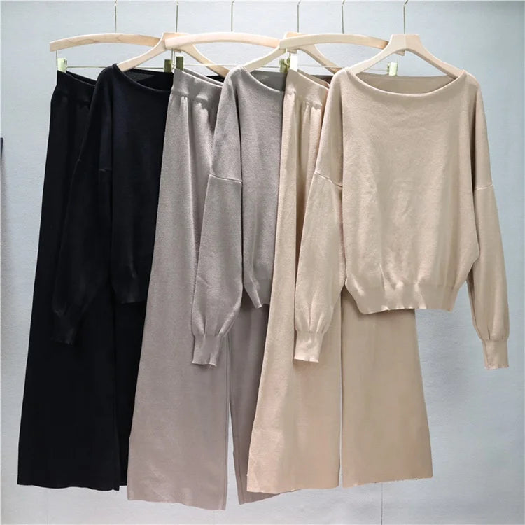 Fashion Casual Suit Women's Spring Loose Knit Sweater Wide Leg Pants Two-piece Set