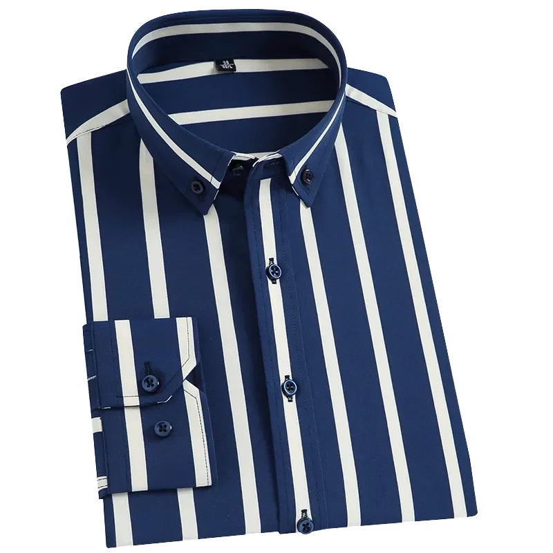 Men's Classic Stripe Satin Long Sleeve Shirt Breathable Business Office Dress for Autumn Season