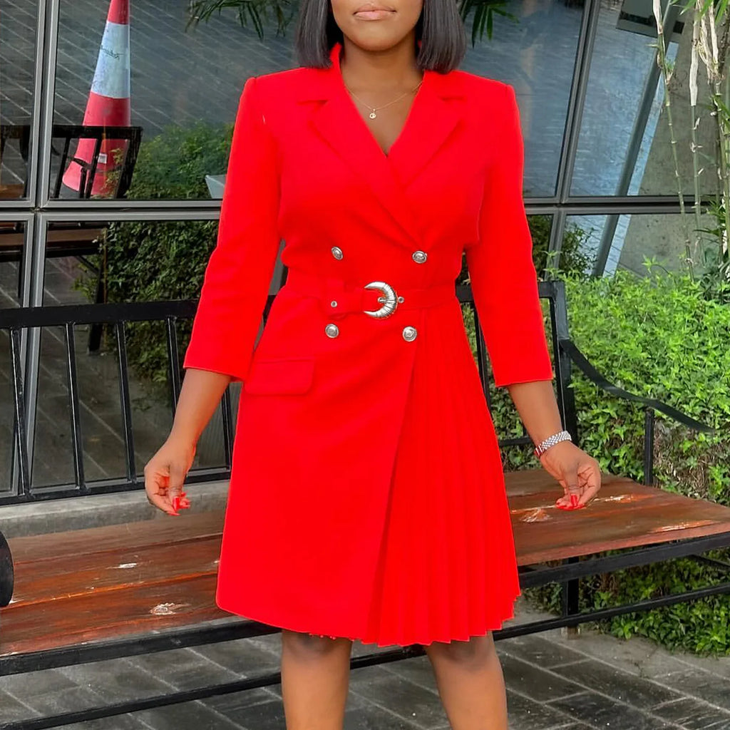 D3284 Custom Ladies Office Dresses Women Casual Long Sleeve V-neck Pleated Women Dresses for Office Work Formal Suit Dress