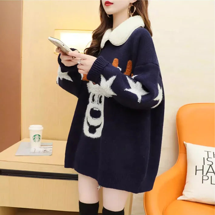 Wholesale New Year Luxury High Quality Fur Collar Loose Deep Head Print Christmas Sweater