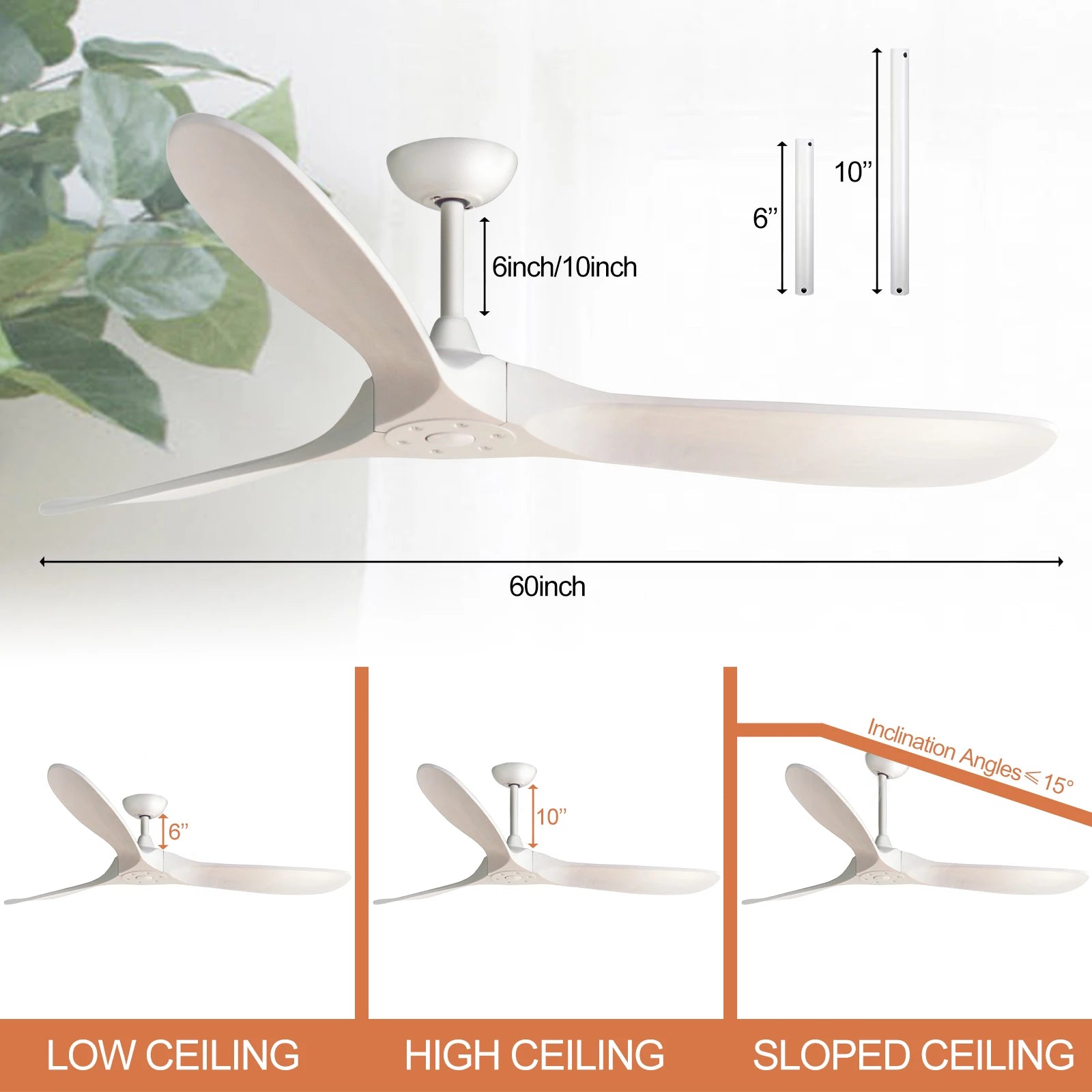 60'' Wood Ceiling Fan No Light, Reversible and Silent DC Motor, Modern Ceiling Fan with Remote Control for Bedroom, Living Room