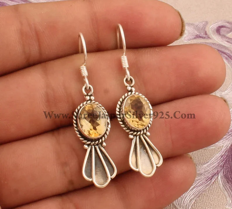 Handmade Designer Antiqued 925 Sterling Silver Hoop Earrings Natural Citrine Oval Gemstone Rhodium Plated for Weddings