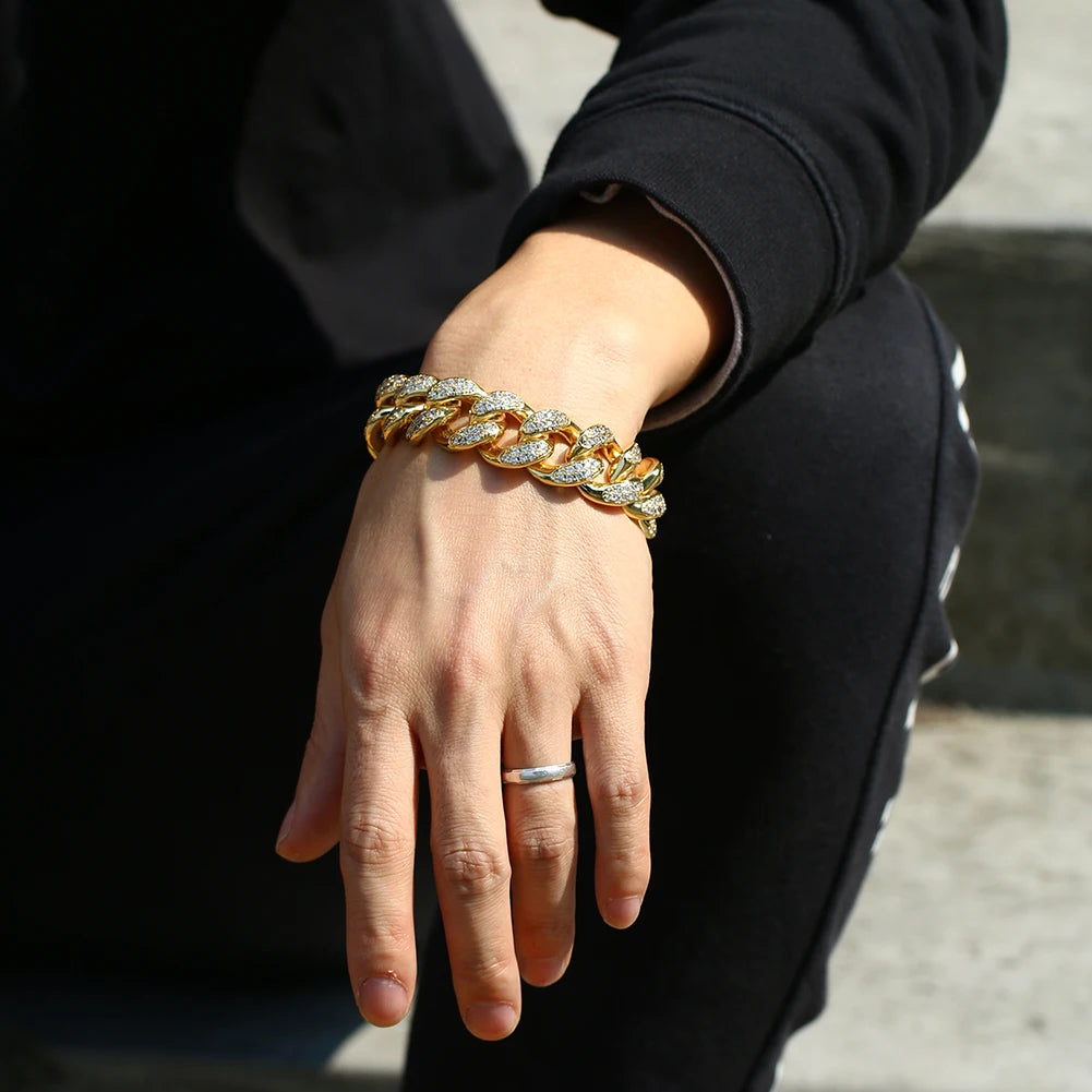 Trendy Hip Hop Baguette Zircon Cuban Chain Bracelet 22cm 18K Gold Plated Unisex Gift Jewelry