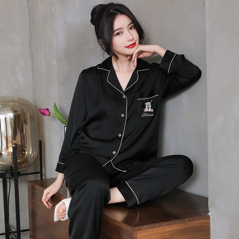 Manufacturer Wholesale Button Satin Winter Sleepwear Red Sexy Lace Nightdress Girls Pyjamas Set