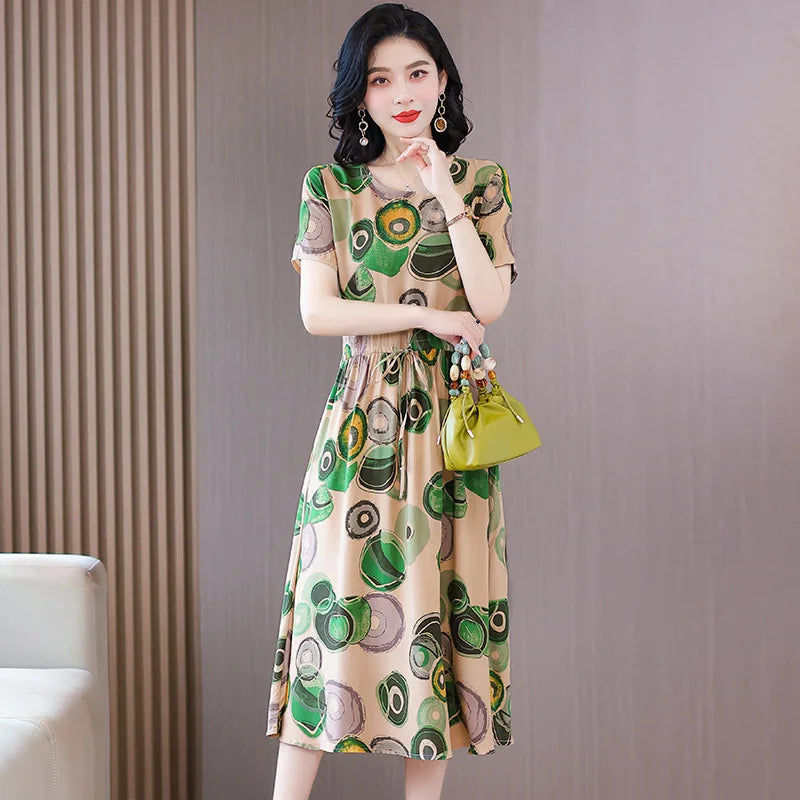 Women Floral Printed Summer Dresses O-neck Short Sleeve Fashion Printing Women's Simple Flower A-line Casual Dress