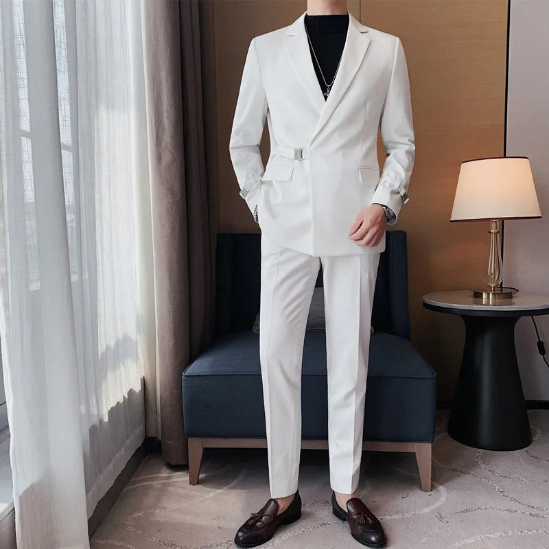 XS-5XL Men's Autumn and Winter Personalized Buckle Design Suit Fashion Business Casual Suit Set Two Piece